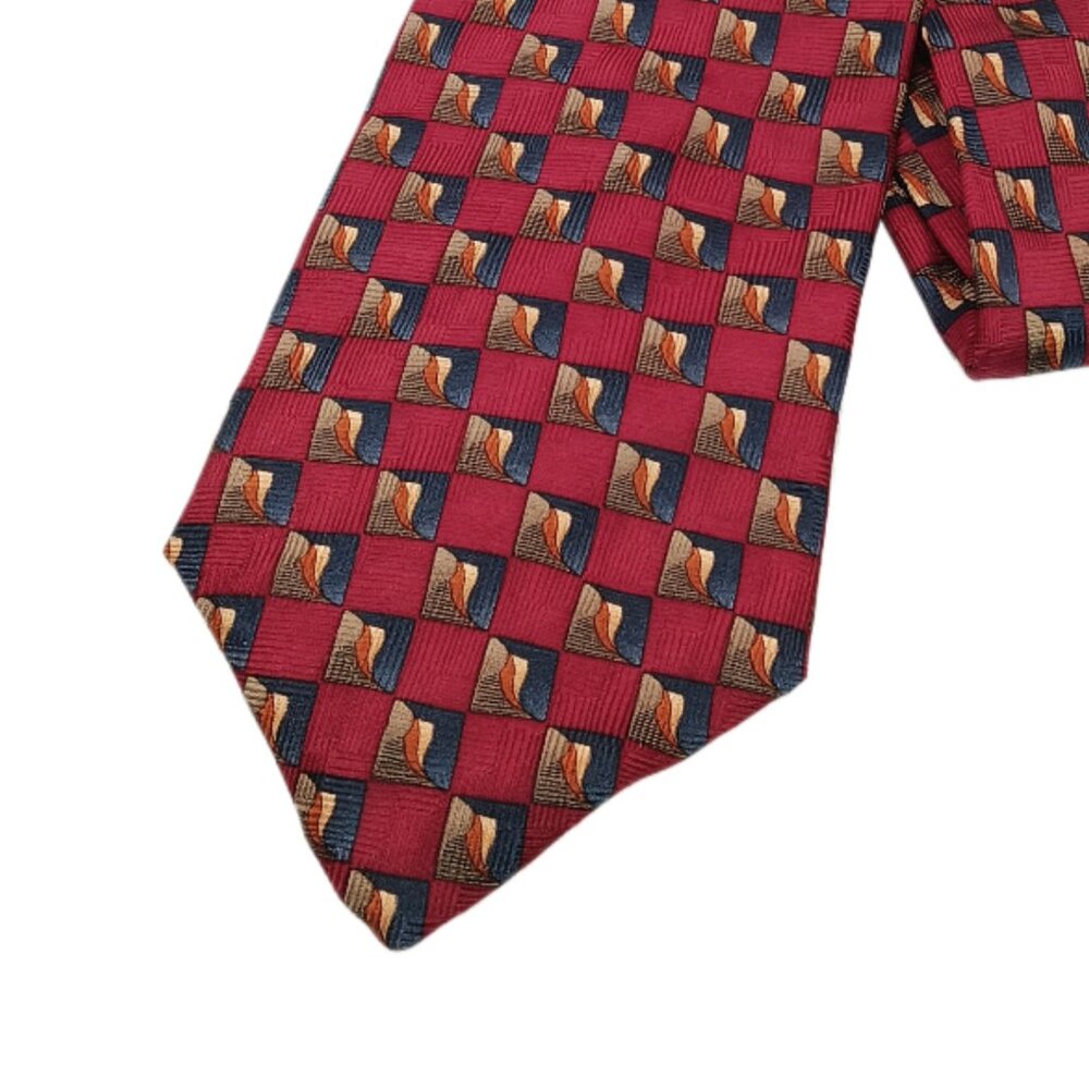 Jos. A. Bank Silk Tie Men’s 59.75” Burgundy Tan Geometric Check Preppy Wide New